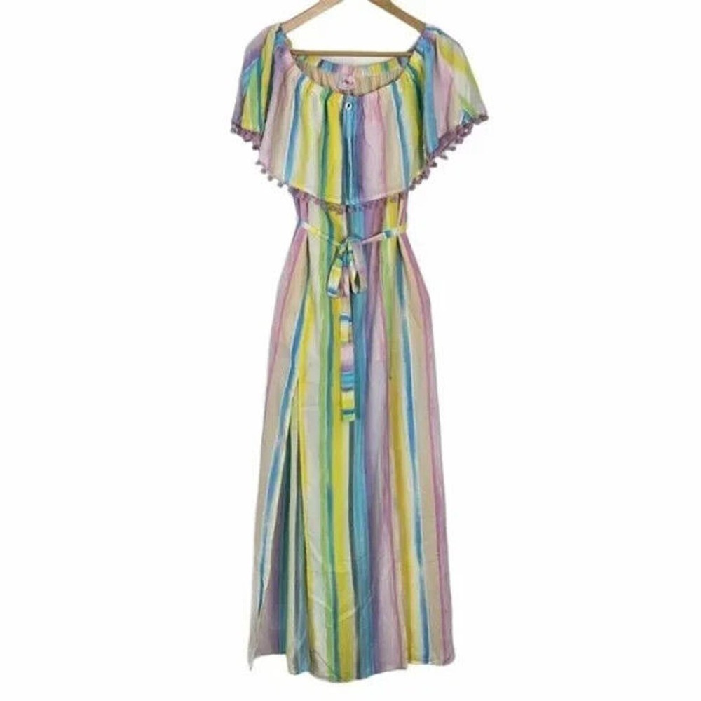 NEW Pastel Rainbow Stripe Maxi Dress Buddy Love Size Medium Double Slit Pom Poms